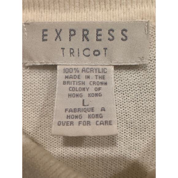 Vintage 70s Express Tricot Ivory Collared Cardigan Sweater Hong Kong Medium - Picture 10 of 11